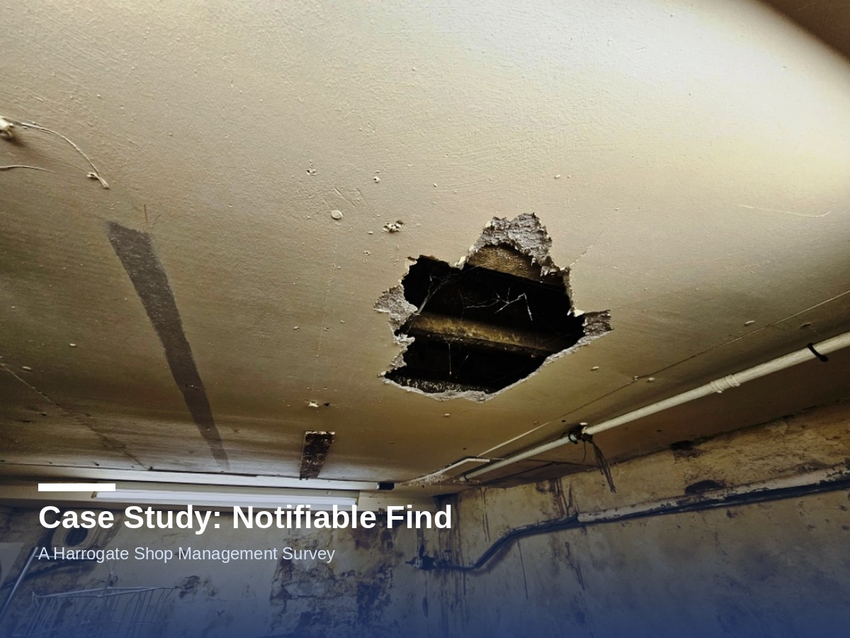Damaged asbestos insulation board ceiling found during a Harrogate shop management survey